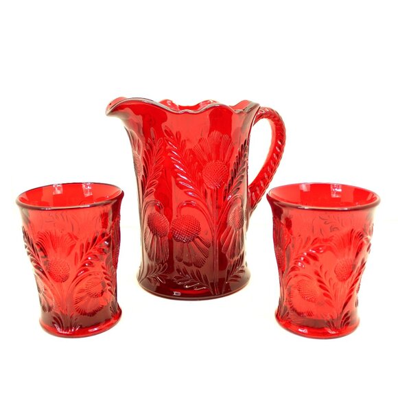 MOSSER RUBY RED GLASS PITCHER & (2) TUMBLERS INVERTED THISTLE PATTERN VINTAGE - Picture 1 of 10